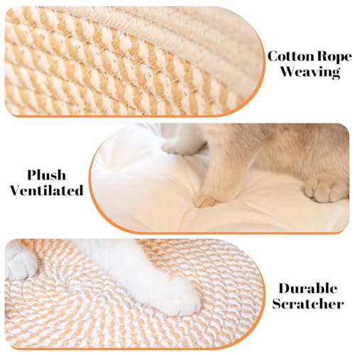 CHEERHOME PETS Cat Bed Basket with Cushion, Cotton Rope Woven Pet Bed for Indoor Cats Couch, Stimulicat Cat Bed Handwoven Breathable, All Season Universal (White)