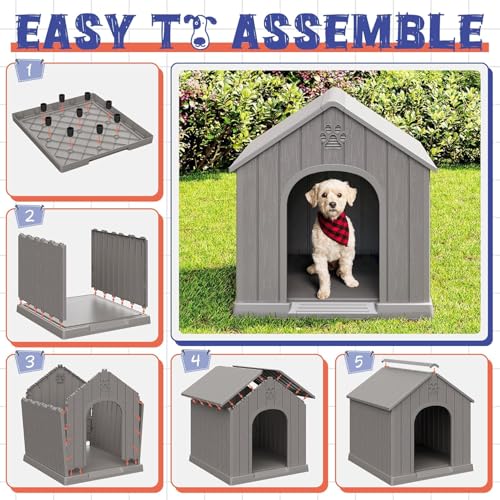 Bifanuo Outdoor Indoor Dog House for Small & Medium Dogs - Weatherproof Shelter with Elevated Floor, Hidden Vents & Tool-Free Assembly (Classic Grey, 26.18" L x 24.03" W x 25.98" H)