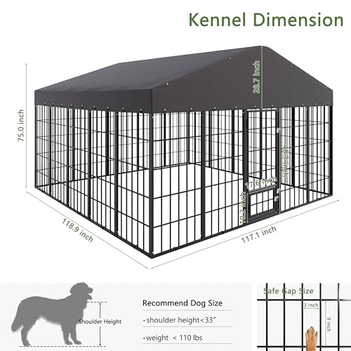 ASJMR 10x10x6 FT Large Dog Kennel Outdoor, Heavy Duty Dog Run with Waterproof Roof, Anti-Rust Galvanized Steel Dog Cage with Feeding Door, Dog Pen Enclosure with Double Locks for Outside