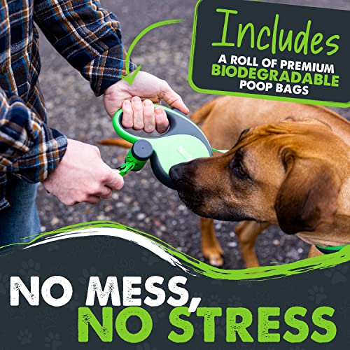 Mighty Paw Retractable Leash with Built-in Poop Bag Holder | 16' Long Retractable Dog Leash for Small Dogs, Medium Breeds & Large Pets with Tape for Quick Control. Poop Bags Included