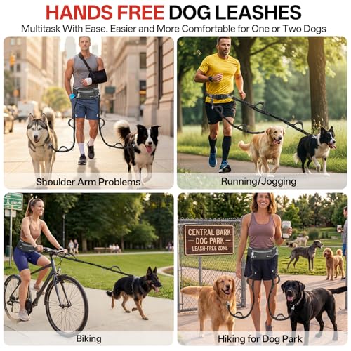 Qltytoy Hands Free Double Dog Leash for Two Dogs,240LB Heavy Duty Retractable with Partitioned Pouch Adjustable Waist for Walking Running Jogging Hiking Biking Training for Medium/Large(Not for＜25LBS)