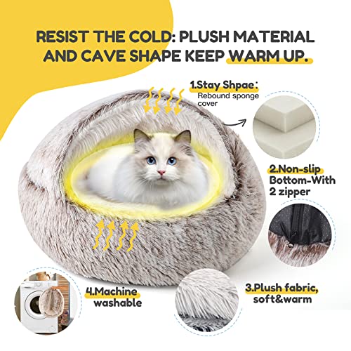 CATISM Plush Hooded Cat Bed, Calming Nest, Self-Warming Cave, Cozy Pod for Indoor Cats or Small Dogs, Removable Washable Cove With Non-Slip Bottom