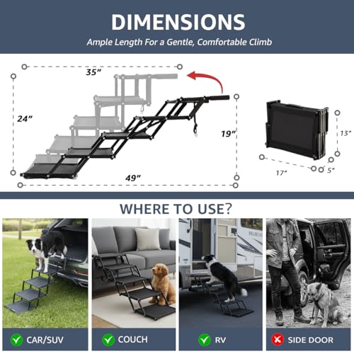 Oiilores Foldable Dog Stairs for Large Dogs - Extra Wide Pet Ramp for Cars, SUV, Non-Slip Surface, Supports Up to 250 Lbs, 5 Steps