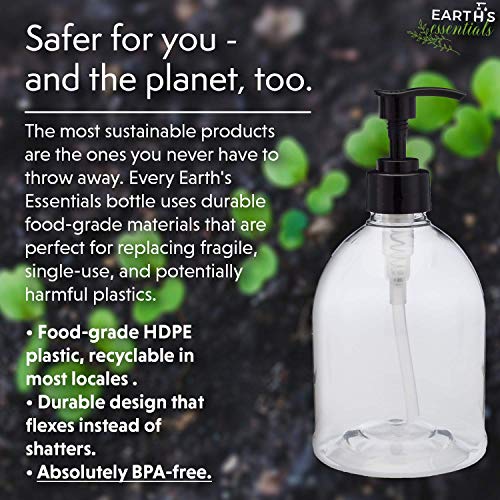 (4 Pack with Patented Screw-On Funnel) Earth's Essentials Versatile 16 Ounce PET Plastic Refillable Designer Pump Bottles. Excellent Liquid Hand Soap, Lotion, Shampoo and Massage Oil Dispensers