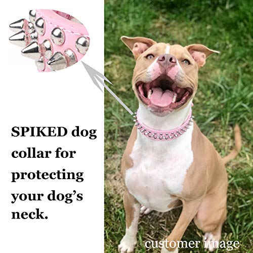TEEMERRYCA Adjustable Leather Spiked Studded Dog Collars with a Squeak Ball Gift for Small Medium Large Pets Like Cats/Pit Bull/Bulldog/Pugs/Husky, Pink, XL 17.7-20.5 inches