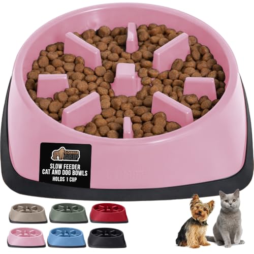 GORILLA GRIP® Patented BPA Free Slow Feeder Dog Bowls, Interactive Puzzle Toy for Dogs and Cats Food Training Enrichment, Keeps Pets Busy and Prevents Puppy Overeating, Small Breeds, 1 Cup, Pink