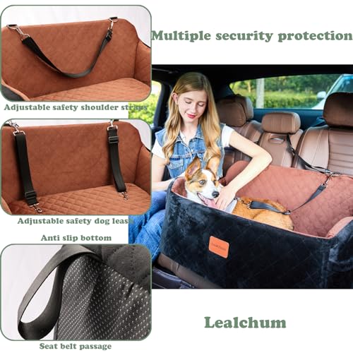 Lealchum Dog Car Seat for Large Size Dog,Soft Fabric Car Dog Bed Filling Memory Foam,2 Clip-On Safety Leashs and 2 Pockets,Removable and Washable Comfy Pet Car Seat(Black/Brown, Large)