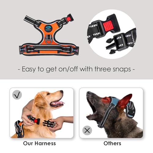 PHOEPET Reflective Dog Harness Large Breed Adjustable No Pull Vest with Handle 2 Metal Rings 3 Buckles [Easy to Put on & Take Off](XL, Orange)
