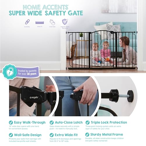 Regalo Safety 30.5-58" Extra Wide Arch Baby Gate with Door, Pressure Mount Walk Through Gate for Doorways & Bottom of Stairs, Babies, Toddlers & Pets, Tested & Safe, American Designed, American Owned