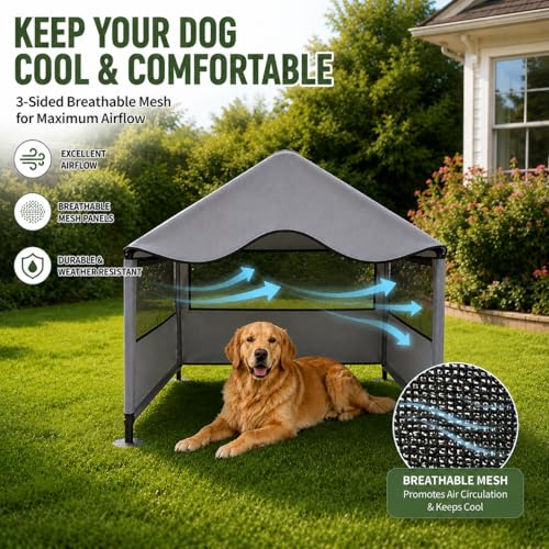 LUCKITTY Extra Large Dog Shade Shelter Canopy with UV Protection, Big Dog House Outside, Outdoor Dog Tent with Three-Sided Breathable Mesh Windows, Gray Sun Rain Cover for Pet Sheep Goat 4'x 4'x 3.3'