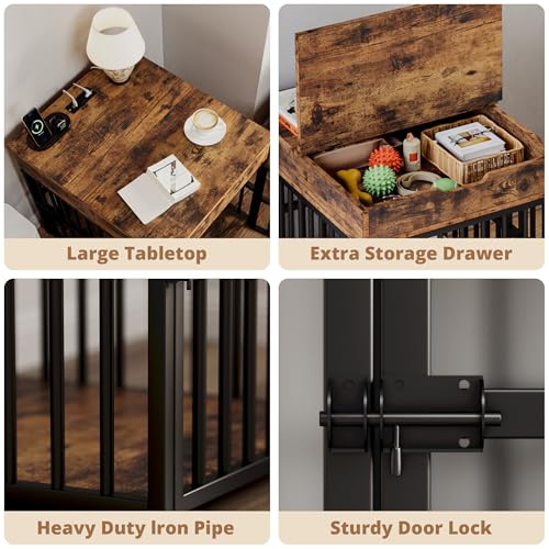 IRONCK Dog Crate Furniture for Small Dogs, Wooden Dog Kennel with Flip Top Drawer, Indoor Pet Crate End Table with Charging Station, Steel-Tube Dog Cage, Rustic Brown