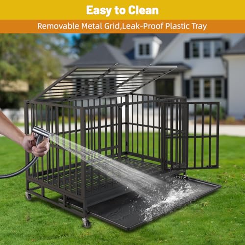 NUGRIART Escape-Proof Heavy Duty 38" Dog Crate, Indestructible Steel Kennel for Large & High-Anxiety Dogs with 300Lbs Capacity, Double Door Design with 4 Locking Wheels and Reinforced Baseplate.