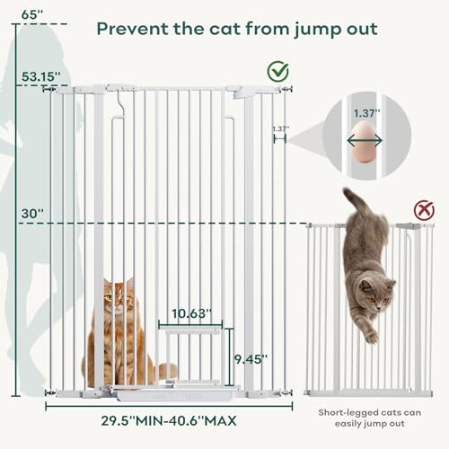 Ostutry 53in Extra Tall Cat Gate for Doorway, 29.5-40.6in Wide Auto Close Pet Gate with Cat Door, Climb Proof Dog Gate No Drilling Pressure Mounted, White