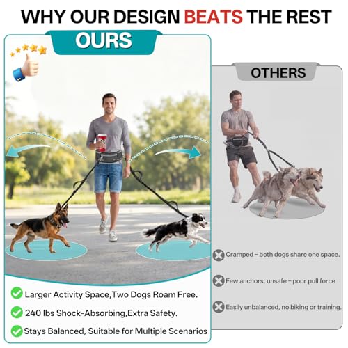 Qltytoy Hands Free Double Dog Leash for Two Dogs,240LB Heavy Duty Retractable with Partitioned Pouch Adjustable Waist for Walking Running Jogging Hiking Biking Training for Medium/Large(Not for＜25LBS)