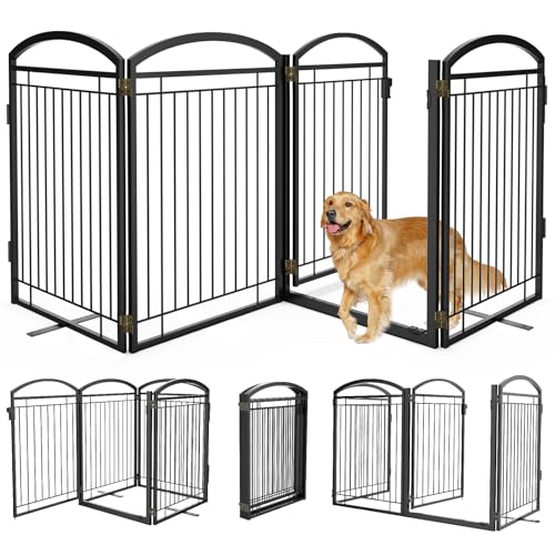 Full Metal Free Standing Dog Gate with Door for Outdoor Indoor,96'' Extra Wide 36'' Tall Dog Gates for Doorways,Large Openings,Decks,Porch,Freestanding Portable Pet Fence(4 Panels,Black)