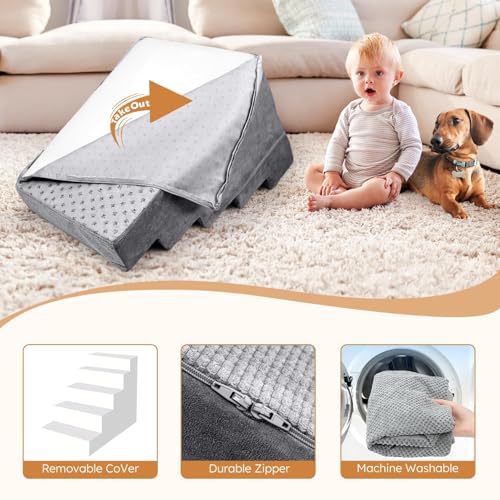 Heeyoo Dog Stairs for Small Dogs,5-Step Dog Steps for High Bed and Couch, High-Density Foam Pet Steps with Supporting Board, Non-Slip Removable Washable Cover, Grey