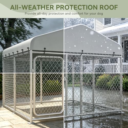 COMHOMA Dog Kennel Outdoor with Roof,Large Metal Dog Enclosure with Weather-Resistant Cover,Lockable Gate for Medium Large Dogs (Silver, 7.5x7.5FT (90in))
