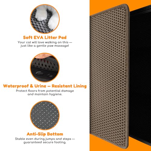 blissstorm Extra Large Waterproof Cat Litter Mat - 31x24 Inch Honeycomb Double Layer Traps Litter, Waterproof & Non-Slip Floor Protector, Easy Clean, Odor-Free, Brown