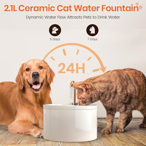 MISFANS Ceramic Cat Water Fountain - 2.1L/71oz - All-Ceramic Body & Pure Copper Water Spout - Non-Toxic - Automatic Pet Drinking Fountain Indoor with Ultra-Quiet Pump, and 3Pcs Filter & Sponge (White)