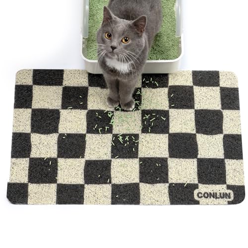 Conlun Cat Litter Mat Litter Trapping Mat, Premium Durable PVC Cute Cat Litter Box Mat, Non-Slip, Less Waste Kitty Litter Mat, Soft on Kitty’s Paws, 24”x 17” cat matts for litter, Chessboard