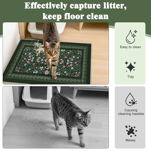 Bienbee Cat Litter Mat, 2PCS 33"x22" Machine Washable Litters Box Mats Non-Slip &Waterproof Cat Litters Trapping Mats Easy to Clean Mat for Litter Box Less Waste Protects Floors Dark Green L