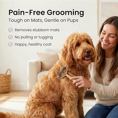 Pet Dematting Comb for Dogs and Cats with Wood Handle, Deshedding Undercoat Rake with Stainless Steel Blades, Pet Comb for Detangling Thinning and Shedding, All Hair Types [We Love Doodles]