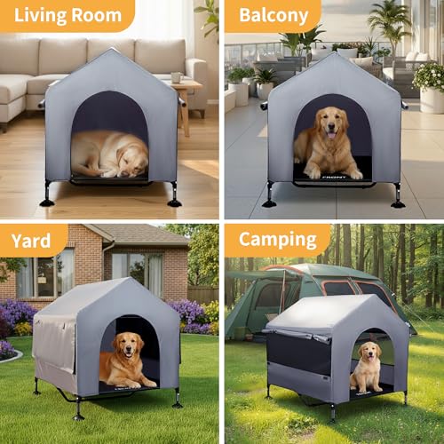 Pawmmo 42" Dog House Outdoor Indoor with Breathable Mesh Windows, 2-in-1 Outside Dog House Elevated Dog Bed Cot Dog Tent Shade Shelter, Easy to Assemble & Clean (42 INCH)