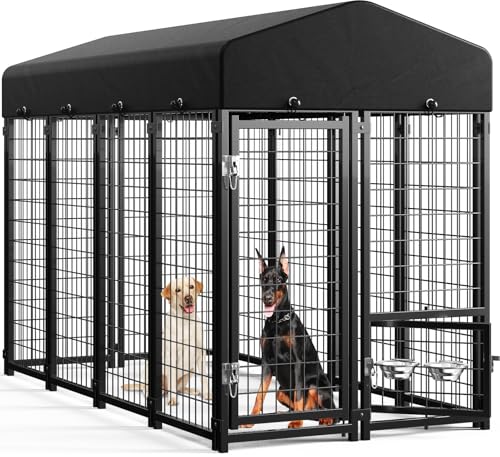 Sino Luban Outdoor Dog Kennel Outside Run with Doggy Door, Swivel Feeder&Roof - 8x4x6FT Large Dog Kennels Pens Outside for Large Dogs Breed- Heavy Duty Cage Yard (Can Connect to Your Dog House)