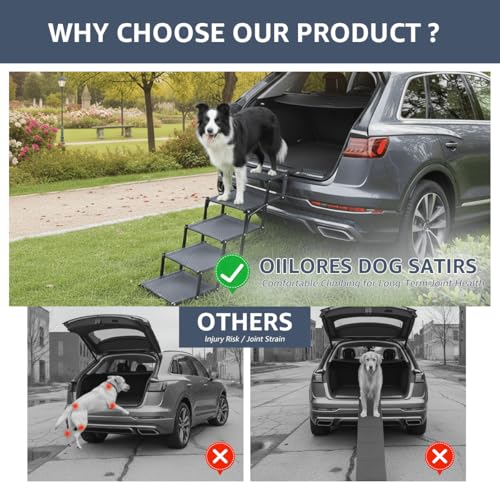 Oiilores Foldable Dog Stairs for Large Dogs - Extra Wide Pet Ramp for Cars, SUV, Non-Slip Surface, Supports Up to 250 Lbs, 5 Steps