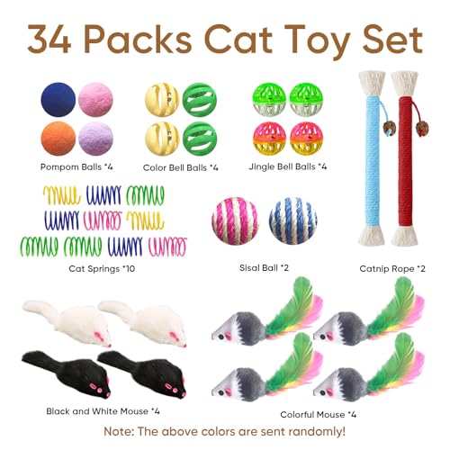 YULOYI Cat Toys for Indoor Cats, 34 Packs Interactive Cat Toy Set with Colorful Springs Toys, Mouse Toy, Catnip Ropes, Balls, Bells, and Sisal Ball for Kitten Toys