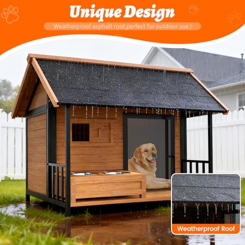 BuddyManor 51'' Dog House with Dog Bowls Stand, Large Outdoor Dog House Kennel with Weatherproof Roof, Easy to Install Anti-Bite Design Dog Home for Outside Small Medium Large Dogs(Brown)