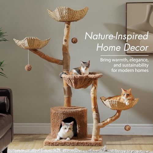 PAWZ Road Cat Tree for Indoor Cats Large Adults, 59 Inches Modern Cat Tower with 3 Large Baskets, Natural Solid Wood, Luxury Condo and Hammock, Modern Furniture for Big Cats, Brown