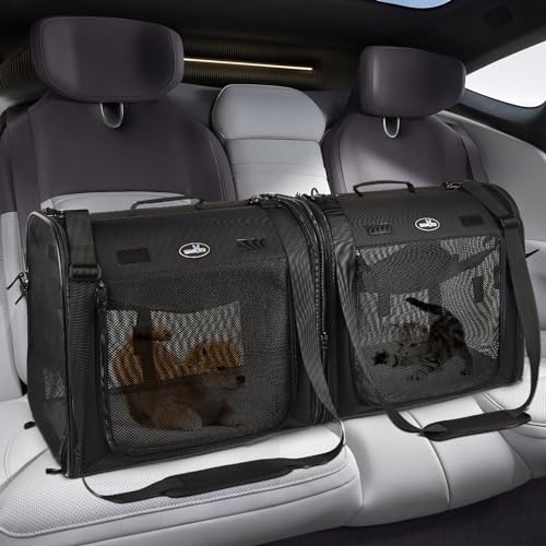 Wakytu Portable 2-in-1 Pet Carrier for Medium Dogs Large Cat Carrier for 2 Cats Travel Double Dog Crate Set with Portable Carry Bag/Hammocks/Mats/Tent Stakes/2 Pcs Pet Bowls for Outdoor Camping