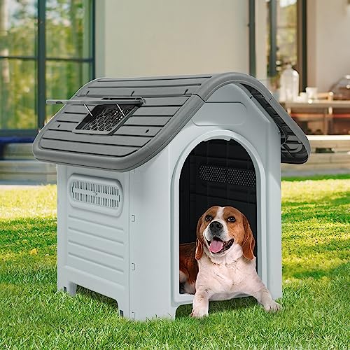 YITAHOME 34.3'' Dog House, Weather Resistant Dog Bed House with Adjustable Skylight and Elevated Base, Outdoor Indoor Pet House for Small, Medium Dogs (34.3''L*28.3''W*29.5''H)
