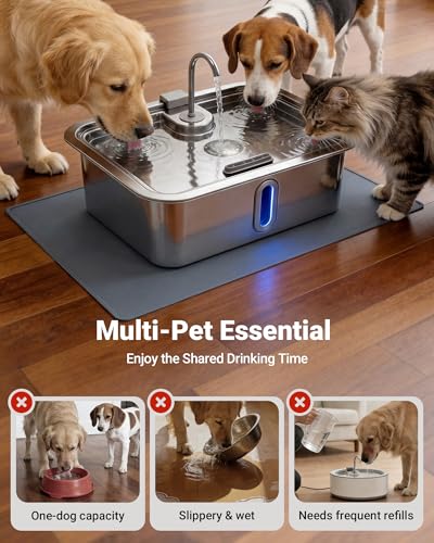 12L/3.17Gal Dog Water Fountain with Silicone Mat & 3 Filters, Stainless Steel Multi Pet Water Dispenser, Quiet Automatic Dog Water Bowl Dispenser with Visible Window & Alert Light for Large Dogs Cats