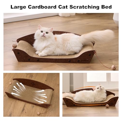 ZOMISIA 26'' Cardboard Cat Scratcher Bed - Large Scratcher Couch for Indoor Cats, Orthopedic Scratching Board, Lounger Scratching Couch with Bells