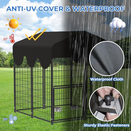 4x4x4.5ft Outdoor Dog Kennel, Metal Heavy Duty Dog Run with Rotating Door & 2 Adjustable Bowls, Dog Kennel Outside with Waterproof Cover, Pet Enclosure Indoor for Small/Medium/Large Dogs