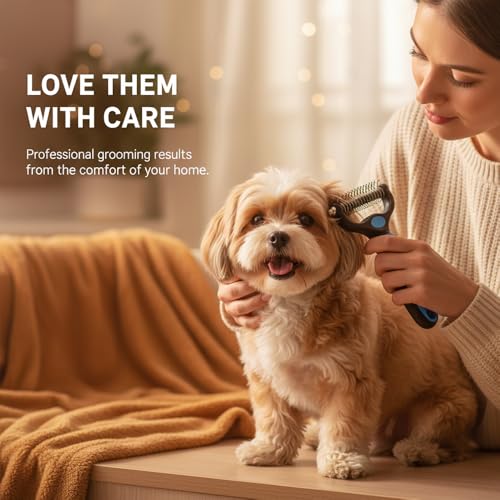 Dematting Comb for Dogs and Cats, Undercoat Rake Pet Brush for Long Hair, Deshedding Dog Brush Removes Tangles Knots and Loose Fur, Grooming Tool for Thick Coats (Blue M+L)