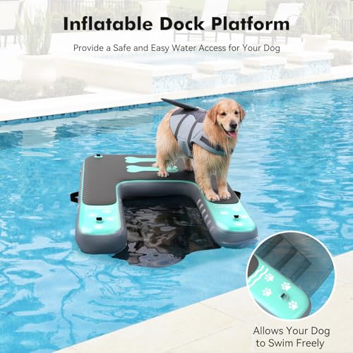 Linvivon Inflatable Dog Boat Ramp for Dogs Up to 240 lbs, Inflatable Dock Floating Platform with Anti-Slip EVA Foam Safe & Easy Water Access, Dog Ramp for Boat, Pools, Lakes, Boats, Docks, Green