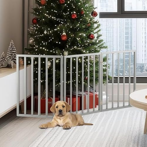 Pet Gate - 3-Panel Indoor Foldable Dog Fence for Stairs, Hallways, or Doorways - 54x24-Inch Retractable Wood Freestanding Dog Gates by PETMAKER (Gray)