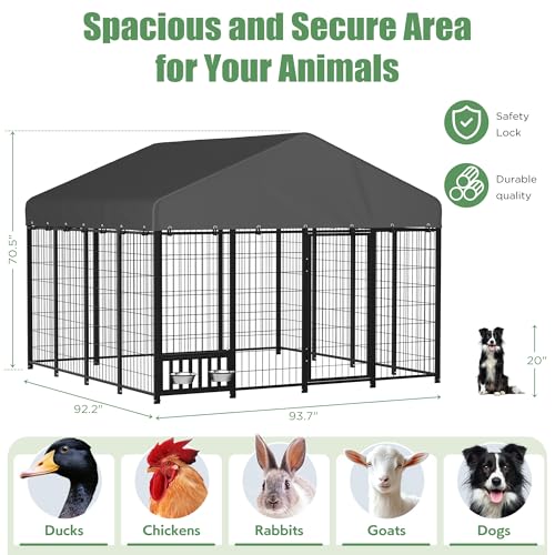 JFHID Outdoor Dog Kennel for Yard, 8x8 Medium Steel Chain Link Fence with Roof, Dog Run Enclosure with Feeding Bowl & Self-Locking Latch