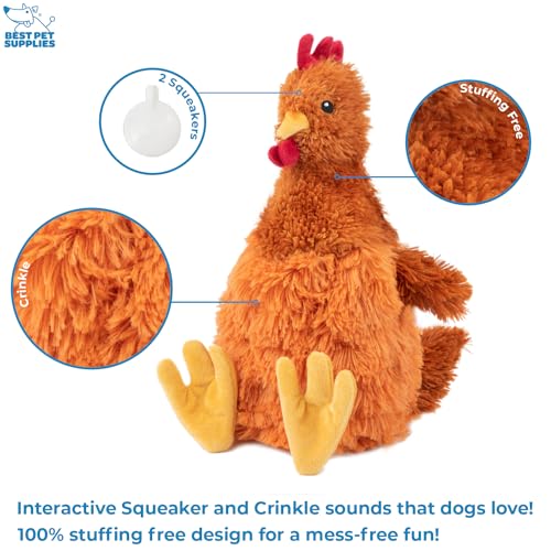 Best Pet Supplies Interactive Squeaky Dog Chew Toy, Ideal Dog Toys for Chewers, Small, Medium & Large Dogs, and Fetch Lovers - Crinkle Chicken (Brown), Large