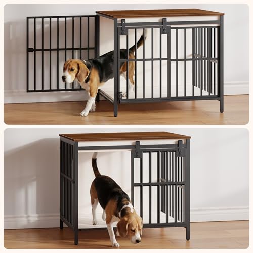 HOOBRO Dog Crate Furniture with Sliding Barn Door, Dog Kennel Indoor for Small/Medium Dogs, Heavy Duty Dog Cage with 2 Doors, End Table for Living Room, Bedroom, Rustic Brown and Black BWH73GW03