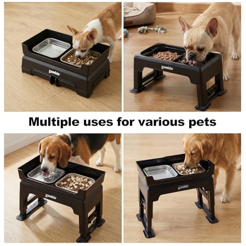 ZOMISIA 3-in-1 Elevated Dog Bowls - 6 Height Adjustable Raised Dog Bowl Stand, Double Deck Design Mess Proof, Feeding Station with 2 Stainless Steel Bowls & Licking Plate for Small Medium Large Pets
