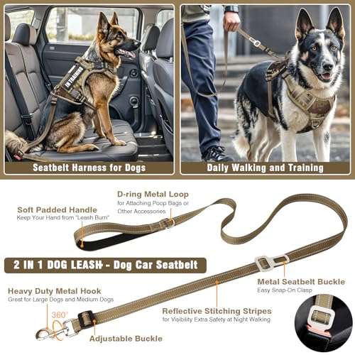 MOOGROU Tactical Dog Harness and Leash Set for Large Dogs,Heavy Duty No Pull Service Dog Vest and 10 Patches with Dog Seat Belt,Reflective Adjustable Pet Harness for Training Walking Hiking Camo L