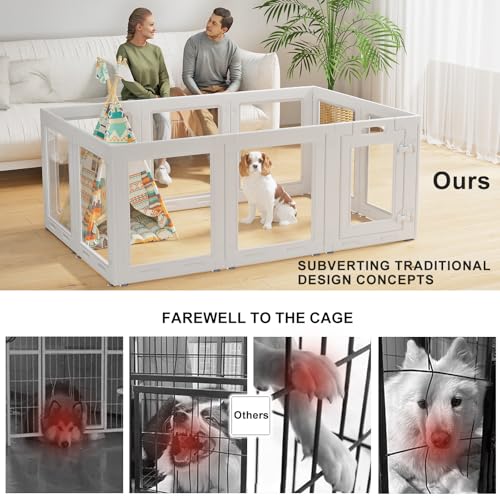 Clear Acrylic Dog Playpen with Door,23.6" Puppy Playpen,Easy Assemble Pet Fence,10-Panel for Puppies/Small Dog Play Pen Indoor (White, 23.6 Inch-H, 10 Panel)
