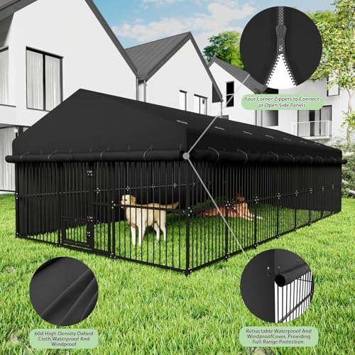 Broivira Outdoor Dog Kennel 10x20x6.5 FT, Heavy-Duty Metal Construction with Swivel Door, Fully Enclosed Waterproof Oxford Cloth Covering, Designed as a Weatherproof Shelter for Medium and Large Dogs
