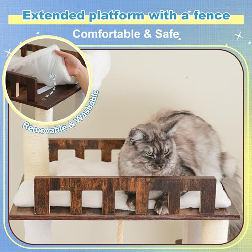 Hey-brother Wooden Cat Tree, 69.7 inch Cats Furniture Tower with Large Platforms, Hammocks, Spacious Condo, Full Sisal Scratching Posts, Ladder, Brush, Water Proof Surface, Rustic Brown MPJ121SR