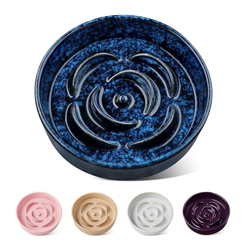 vancasso Slow Feeder Dog Bowl, 0.6 Cups Ceramic Dog Food Dish for Fast Eaters Small Breed, Puzzle Bowl for Small Dogs and Cats, Blue