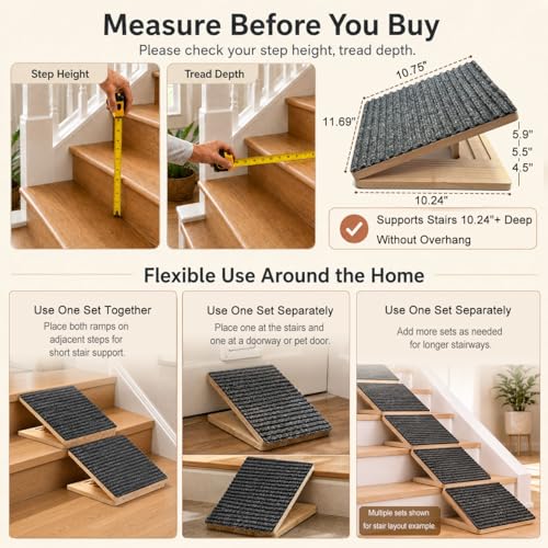 Weathrix 2 Pack Dog Ramp for Stairs - Solid Wood Adjustable & Foldable Pet Ramps, 3 Heights, Non-Slip Silicone Base & Traction Felt, 100lb Capacity, Indoor Stairs & Porch